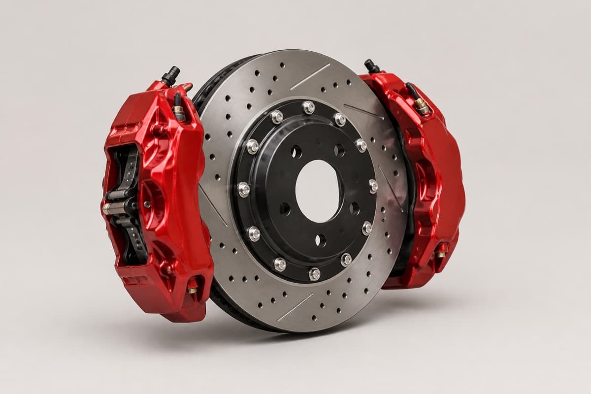 Pair of red brake calipers with a drilled and slotted brake disc