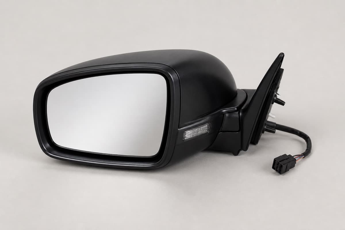 Black exterior door mirror with integrated indicator strip and wiring connector